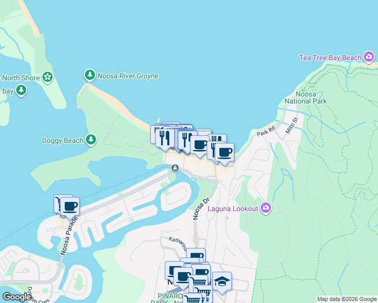 map of restaurants, bars, coffee shops, grocery stores, and more near 31 Hastings Street in Noosa Heads