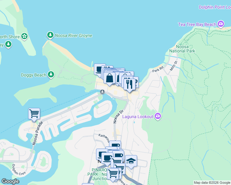 map of restaurants, bars, coffee shops, grocery stores, and more near 32 Hastings Street in Noosa Heads