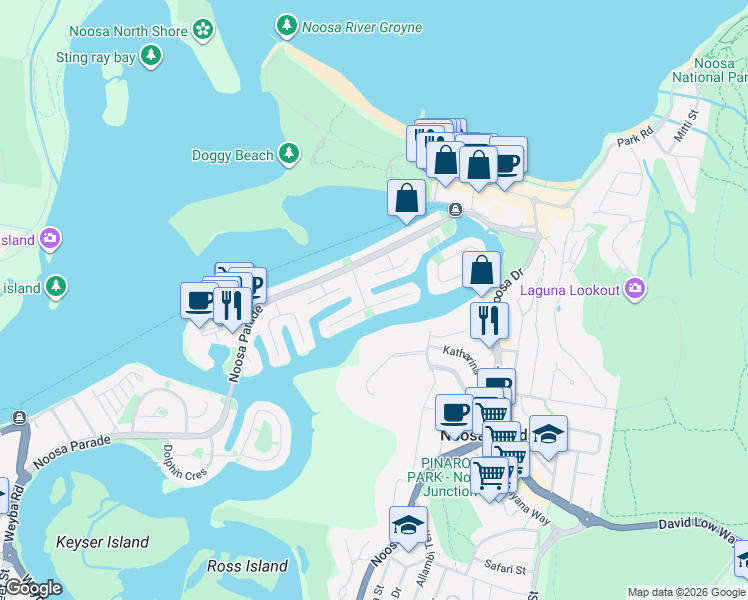 map of restaurants, bars, coffee shops, grocery stores, and more near 15 Mossman Court in Noosa Heads