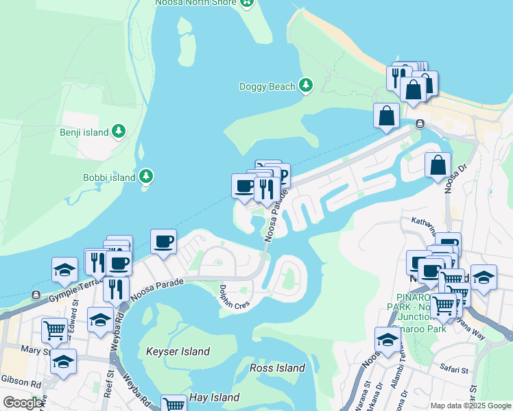 map of restaurants, bars, coffee shops, grocery stores, and more near Quamby Place in Noosa Heads