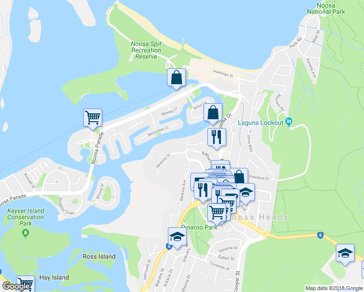map of restaurants, bars, coffee shops, grocery stores, and more near 53 Banksia Avenue in Noosa Heads