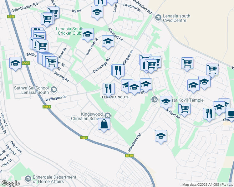 map of restaurants, bars, coffee shops, grocery stores, and more near Stellenberg Street in Lenasia South