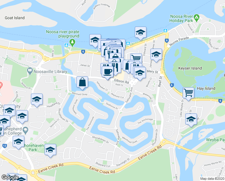 map of restaurants, bars, coffee shops, grocery stores, and more near 9 Skipper Place in Noosaville