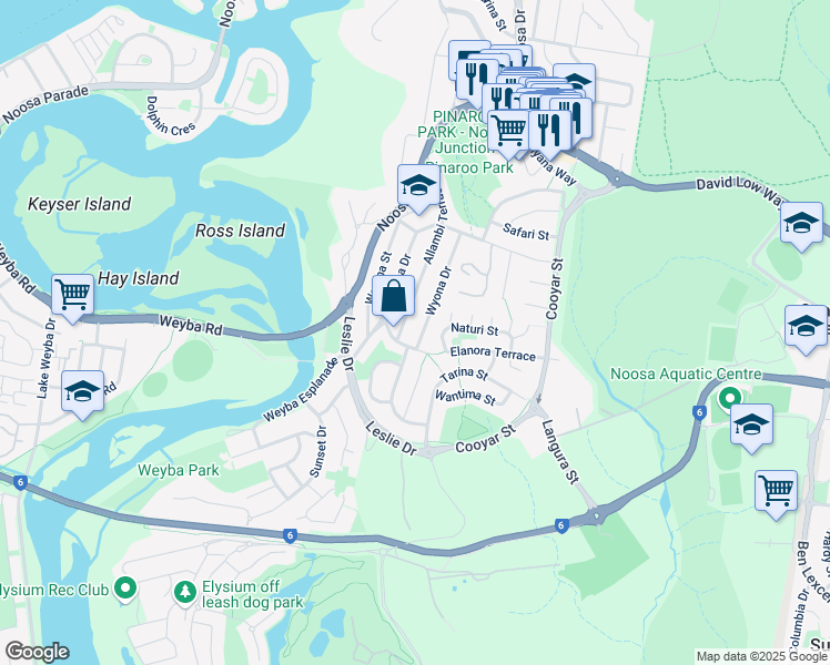 map of restaurants, bars, coffee shops, grocery stores, and more near 5 Wyona Drive in Noosa Heads