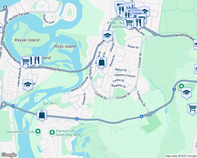 map of restaurants, bars, coffee shops, grocery stores, and more near 14 Moonare Crescent in Noosa Heads