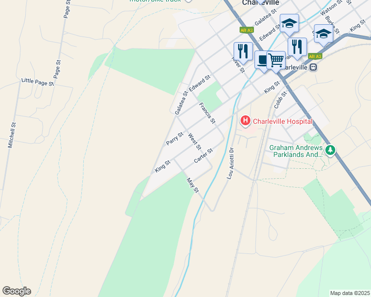 map of restaurants, bars, coffee shops, grocery stores, and more near 46 King Street in Charleville