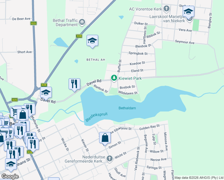 map of restaurants, bars, coffee shops, grocery stores, and more near 6 Rietbok Street in Bethal