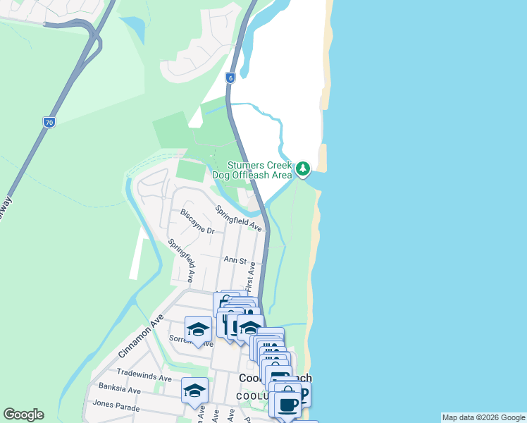 map of restaurants, bars, coffee shops, grocery stores, and more near David Low Way in Coolum Beach