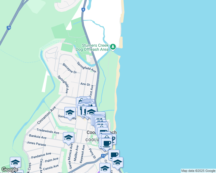 map of restaurants, bars, coffee shops, grocery stores, and more near in Coolum Beach
