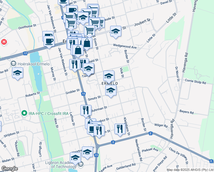 map of restaurants, bars, coffee shops, grocery stores, and more near 28 Grobler Street in Ermelo
