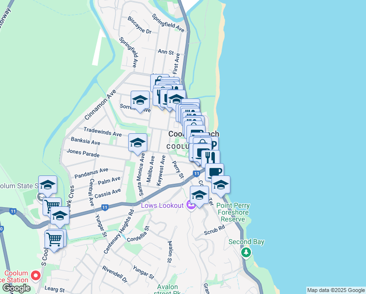 map of restaurants, bars, coffee shops, grocery stores, and more near in Coolum Beach