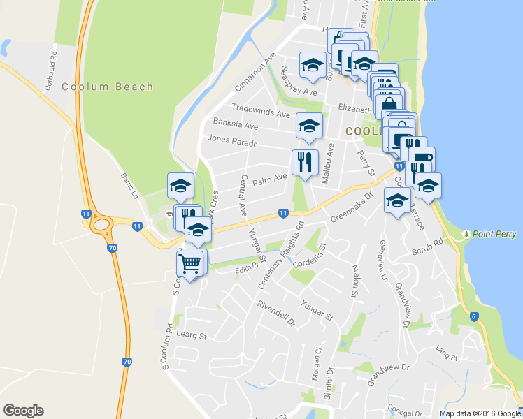 map of restaurants, bars, coffee shops, grocery stores, and more near 93 Yandina-Coolum Road in Coolum Beach