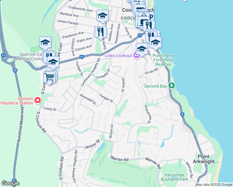 map of restaurants, bars, coffee shops, grocery stores, and more near in Mount Coolum