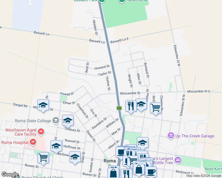 map of restaurants, bars, coffee shops, grocery stores, and more near 22 Hunter Street in Roma