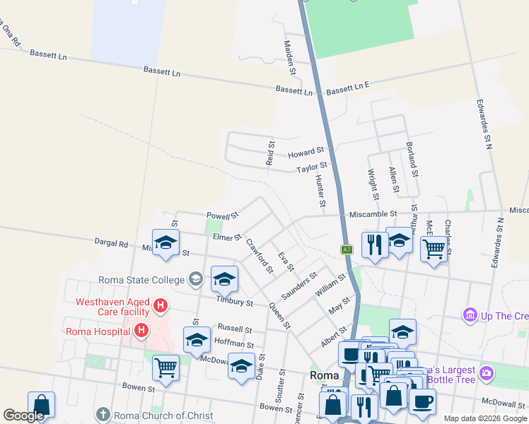 map of restaurants, bars, coffee shops, grocery stores, and more near 3 Elmer Street in Roma
