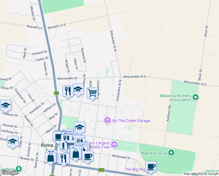 map of restaurants, bars, coffee shops, grocery stores, and more near 13 Roma Crescent in Roma
