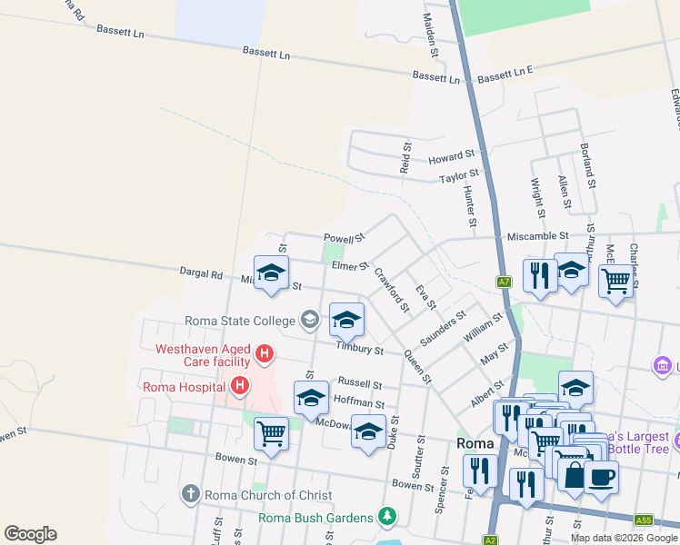 map of restaurants, bars, coffee shops, grocery stores, and more near 36 Elmer Street in Roma