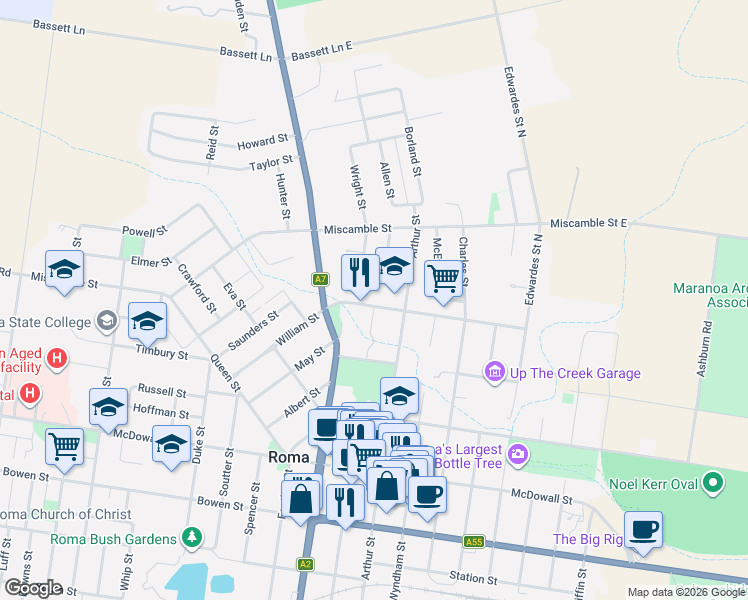 map of restaurants, bars, coffee shops, grocery stores, and more near 1 Lovell Street in Roma