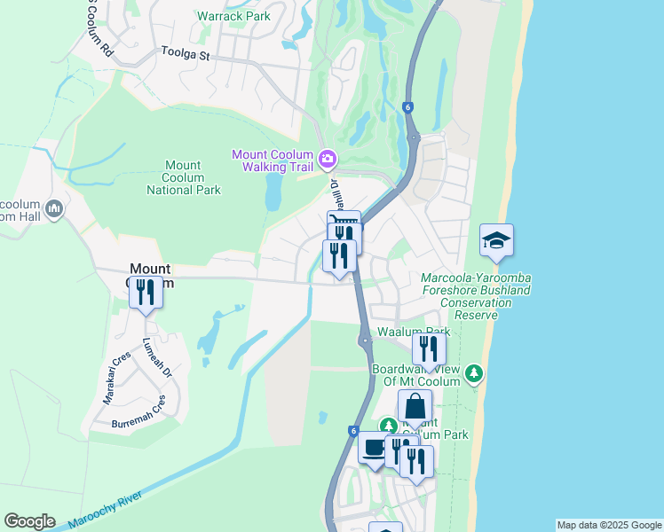map of restaurants, bars, coffee shops, grocery stores, and more near 6 Suncoast Beach Drive in Mount Coolum