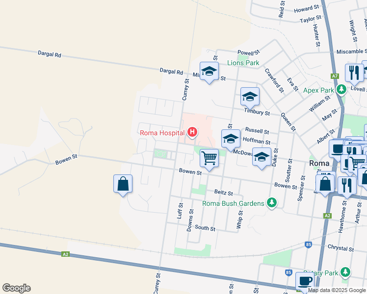 map of restaurants, bars, coffee shops, grocery stores, and more near 234 McDowall Street in Roma