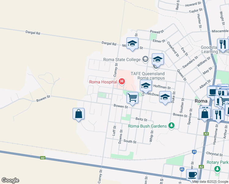 map of restaurants, bars, coffee shops, grocery stores, and more near 78 Currey Street in Roma