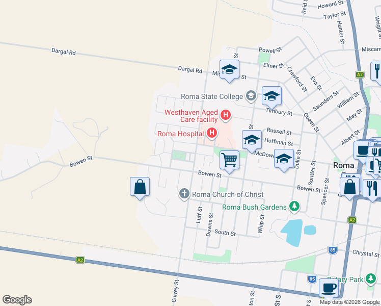 map of restaurants, bars, coffee shops, grocery stores, and more near Lomandra Avenue in Roma
