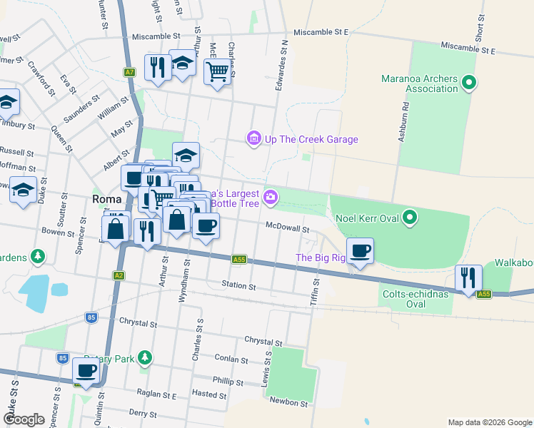 map of restaurants, bars, coffee shops, grocery stores, and more near 272 Edwardes Street in Roma