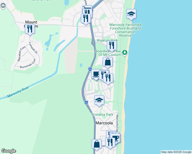 map of restaurants, bars, coffee shops, grocery stores, and more near 35 Seaside Boulevard in Marcoola