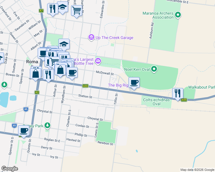 map of restaurants, bars, coffee shops, grocery stores, and more near 19 Major Street in Roma