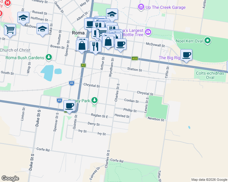 map of restaurants, bars, coffee shops, grocery stores, and more near 44 Chrystal Street in Roma