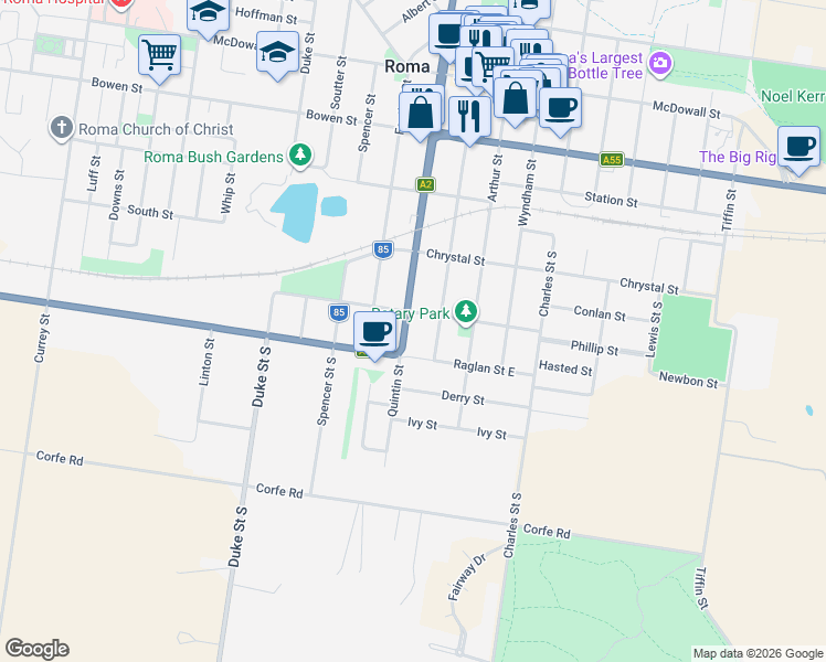 map of restaurants, bars, coffee shops, grocery stores, and more near 92 Quintin Street in Roma