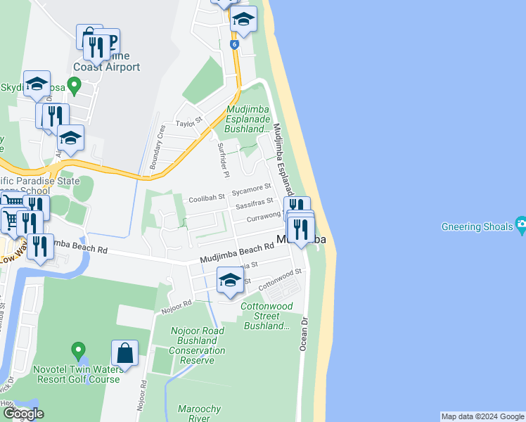 map of restaurants, bars, coffee shops, grocery stores, and more near 16 Currawong Street in Mudjimba
