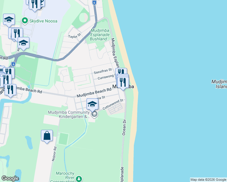 map of restaurants, bars, coffee shops, grocery stores, and more near 9 Mudjimba Beach Road in Mudjimba