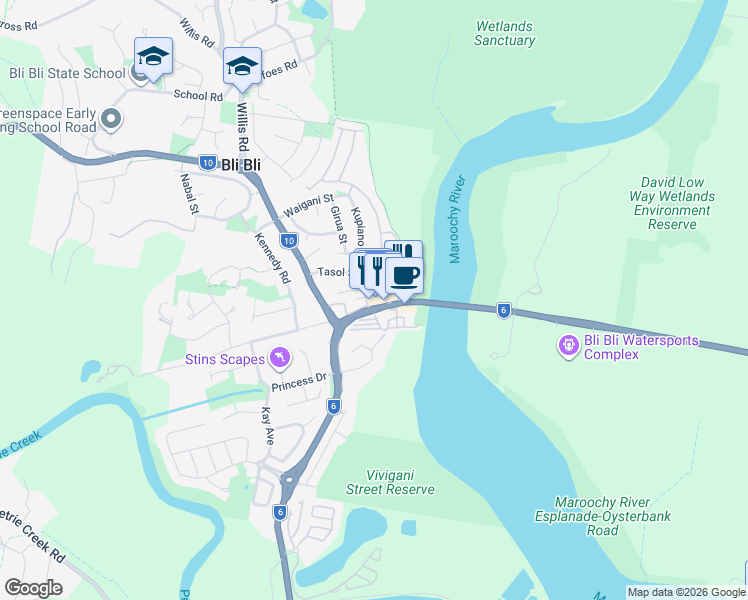 map of restaurants, bars, coffee shops, grocery stores, and more near 320 David Low Way in Bli Bli