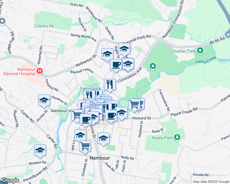 map of restaurants, bars, coffee shops, grocery stores, and more near 1 Carroll Street in Nambour