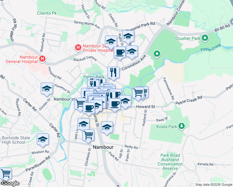 map of restaurants, bars, coffee shops, grocery stores, and more near 24 Mathew Street in Nambour