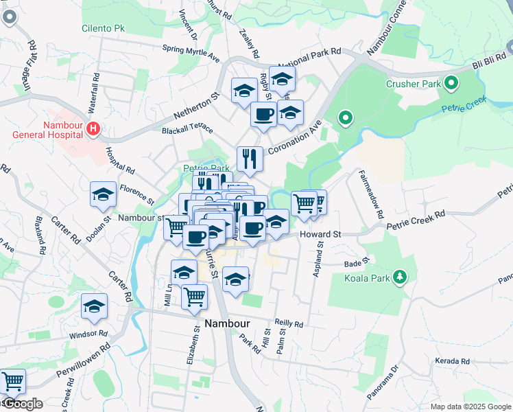 map of restaurants, bars, coffee shops, grocery stores, and more near 24 Mathew Street in Nambour