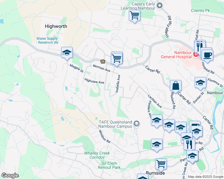 map of restaurants, bars, coffee shops, grocery stores, and more near 48 Isabella Avenue in Nambour