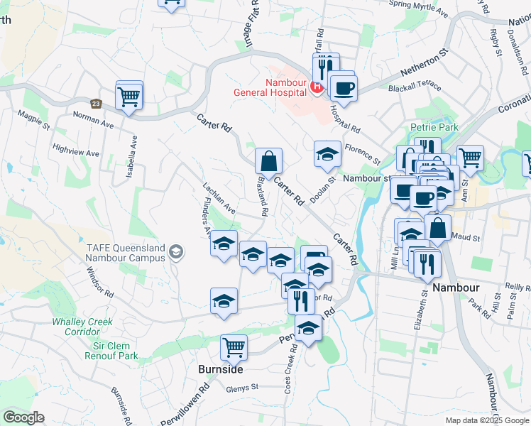 map of restaurants, bars, coffee shops, grocery stores, and more near Blaxland Road in Nambour