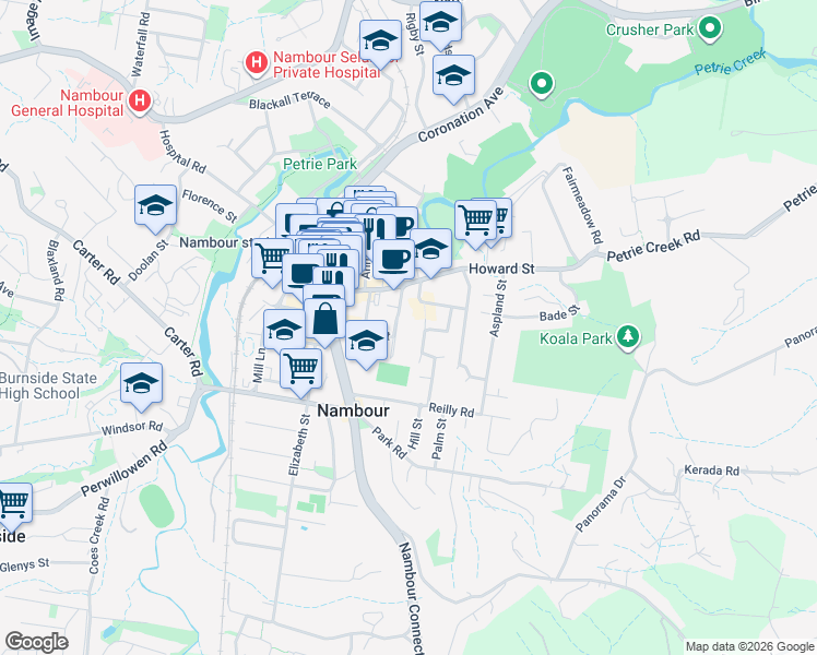 map of restaurants, bars, coffee shops, grocery stores, and more near 23 William Street in Nambour