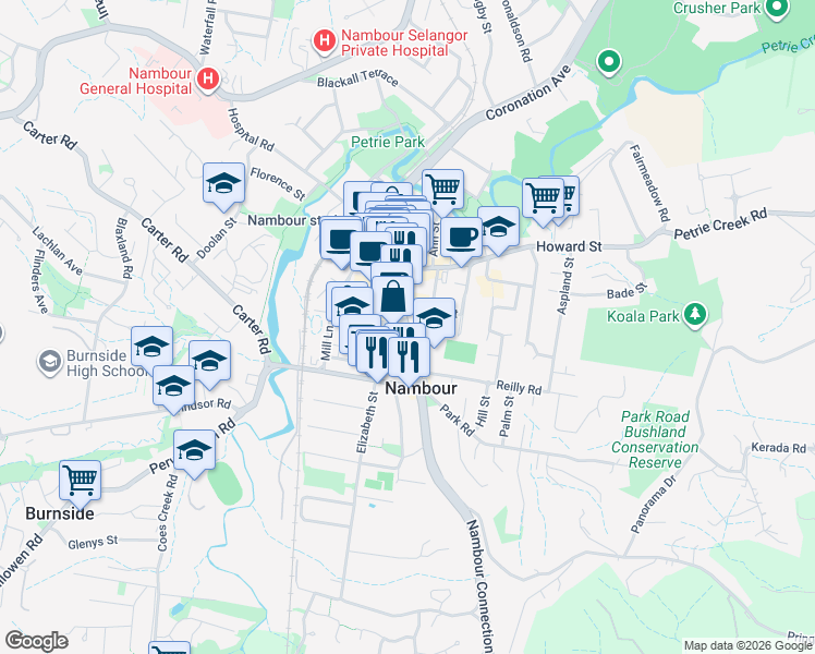 map of restaurants, bars, coffee shops, grocery stores, and more near in Nambour