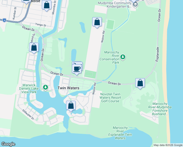 map of restaurants, bars, coffee shops, grocery stores, and more near 16 Ameen Circuit in Mudjimba