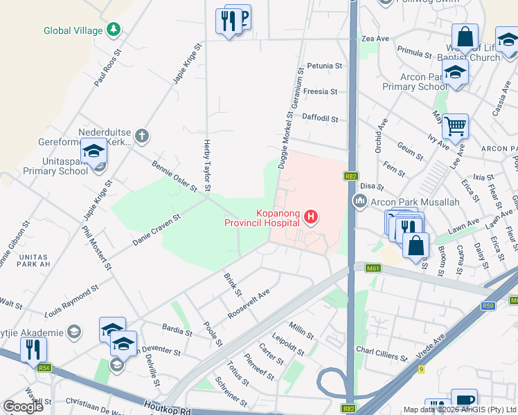 map of restaurants, bars, coffee shops, grocery stores, and more near 3 Duggie Morkel Street in Vereeniging