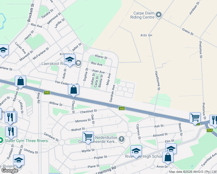 map of restaurants, bars, coffee shops, grocery stores, and more near 6 May Avenue in Vereeniging