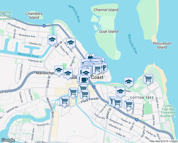 map of restaurants, bars, coffee shops, grocery stores, and more near 8 Beach Road in Maroochydore