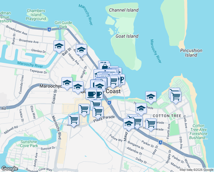 map of restaurants, bars, coffee shops, grocery stores, and more near 15 Ocean Street in Maroochydore