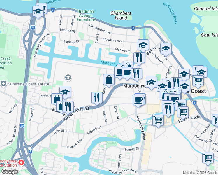 map of restaurants, bars, coffee shops, grocery stores, and more near 100 Maroochydore Road in Maroochydore