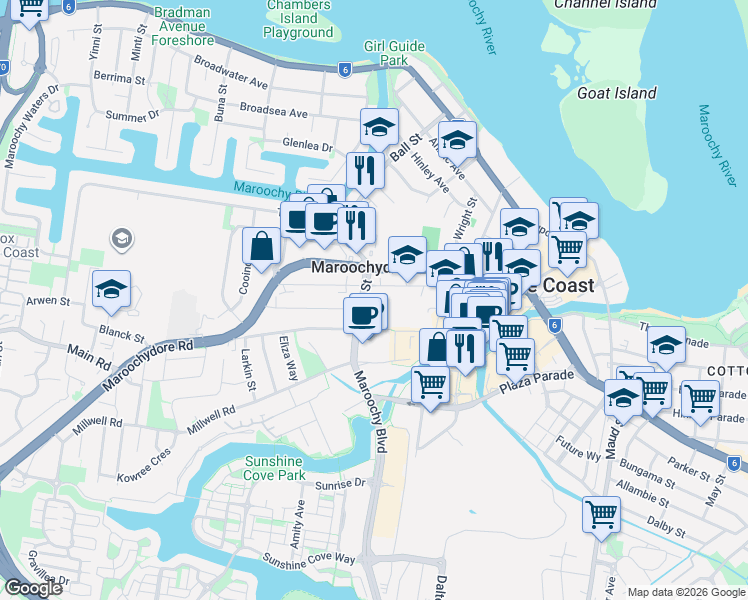 map of restaurants, bars, coffee shops, grocery stores, and more near 5 Evans Street in Maroochydore