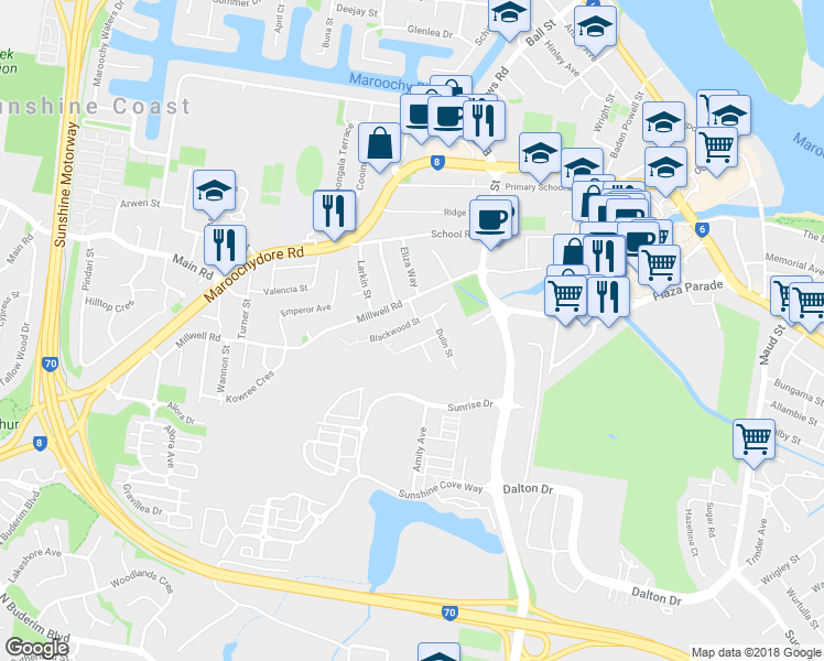 map of restaurants, bars, coffee shops, grocery stores, and more near 15 Blackwood Street in Maroochydore