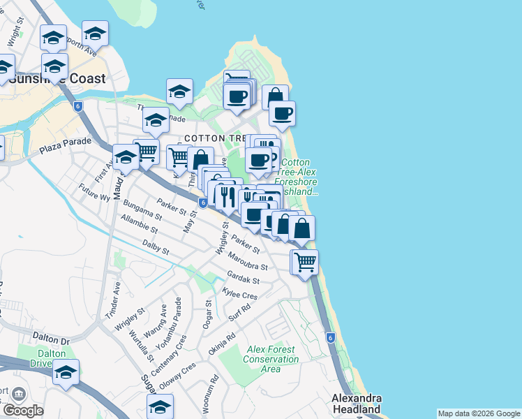 map of restaurants, bars, coffee shops, grocery stores, and more near 51 Fifth Avenue in Maroochydore